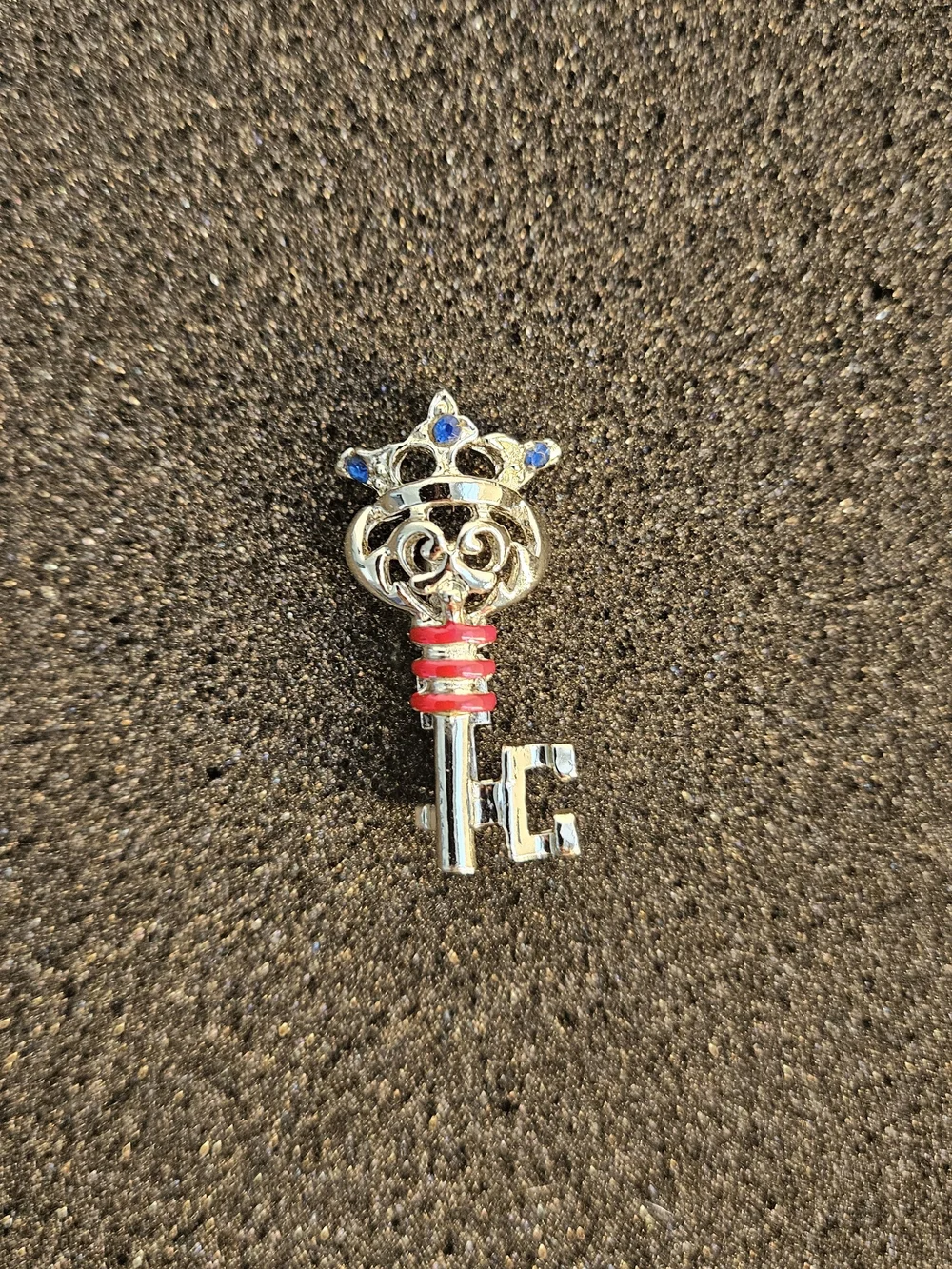 Brooch Crown Key Charm with Blue Stones and Red Accents